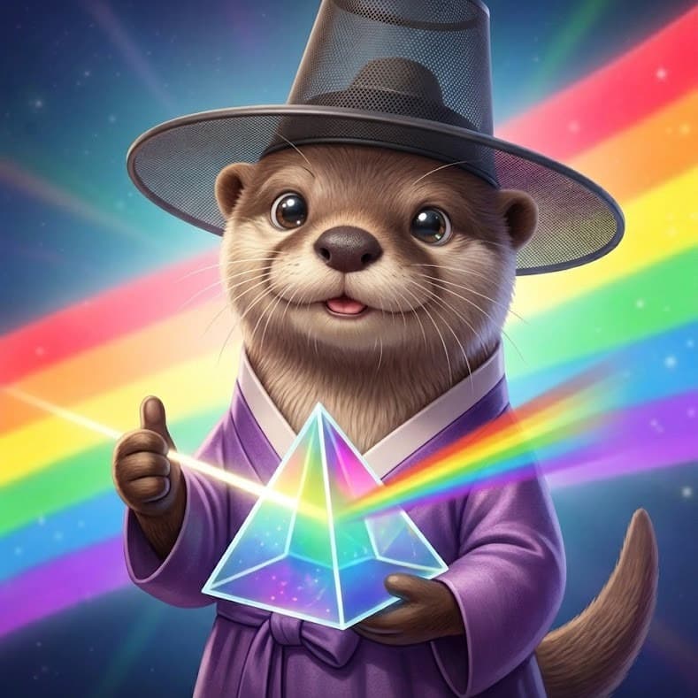 OtterPrism mascot in traditional Korean attire holding a glowing prism with rainbow light
